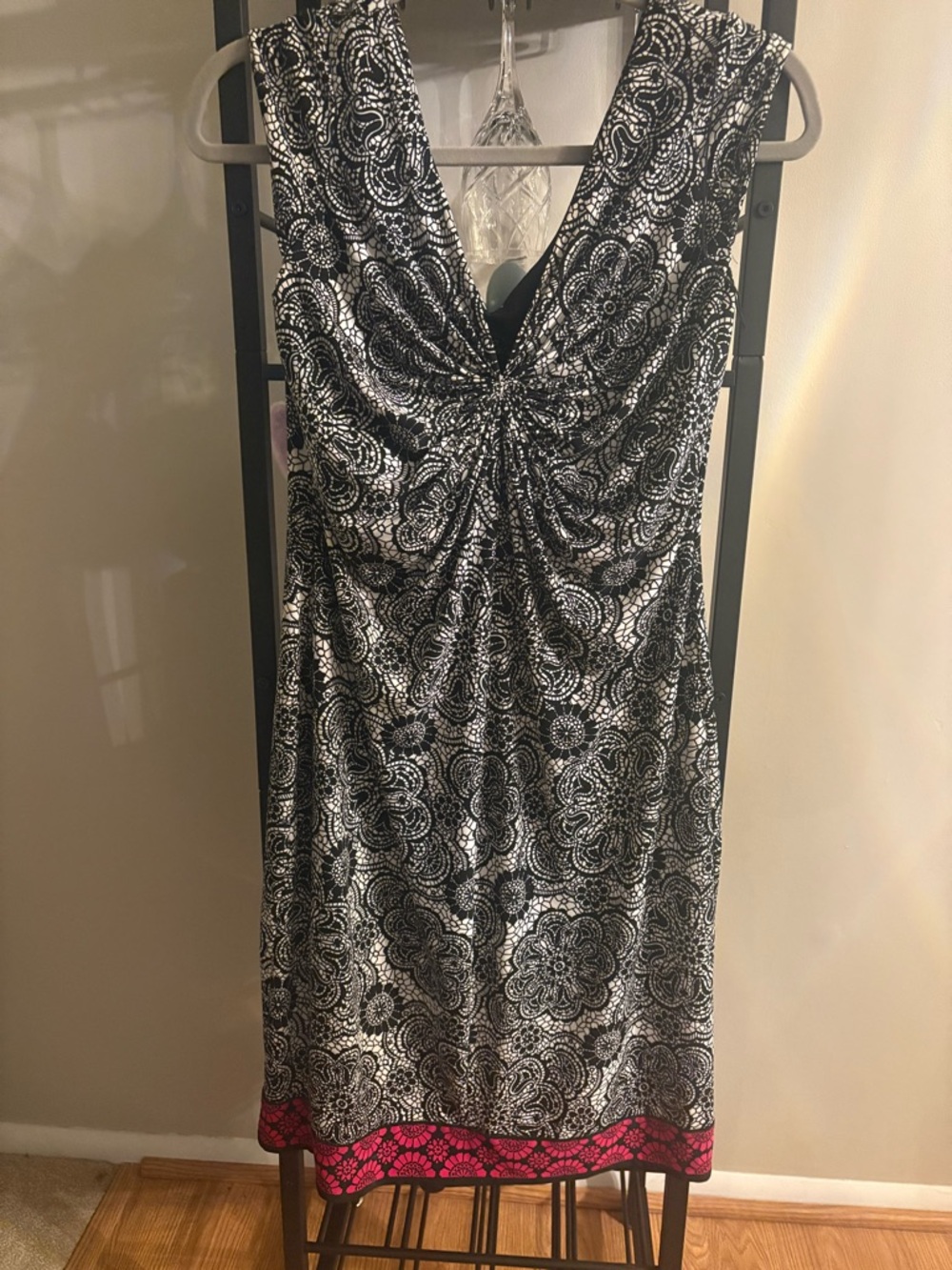Black & White Twist-Front Sleeveless Dress with Pink Hem